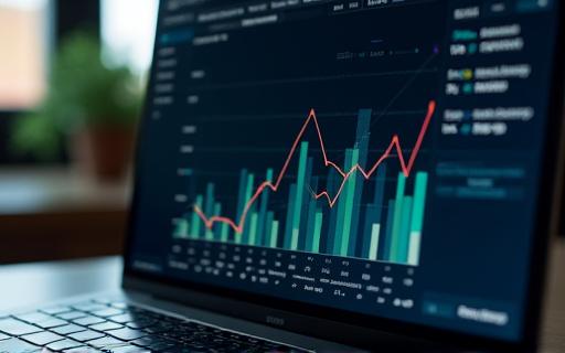 A laptop screen showing a dashboard with rising analytics graphs
