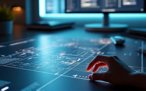 A website's wireframe being designed on a large monitor